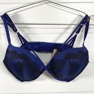 Victoria's Secret Bra Womens 34D Blue Black Lace Very Sexy Push-Up Underwire